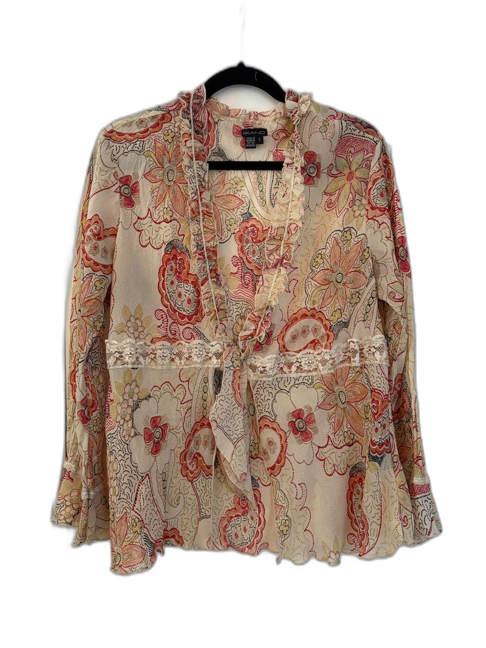 Piano Sheer Floral Paisley Tie Front Blouse Cream Coral Lace Trim Ruffle Size L